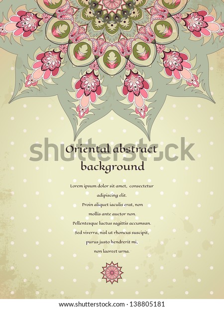 Vector vertical abstract\
card. Oriental pattern on vintage background. Old paper and polka\
dots. Place for your text. Perfect for greetings, invitations or\
announcements.
