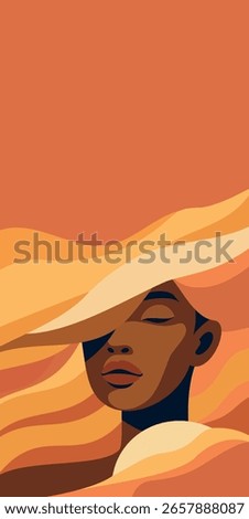 Vector vertical abstract portrait of afro girl with soft lines and space for text. Flat design in warm palette, perfect for backgrounds, banners, branding and feminine projects