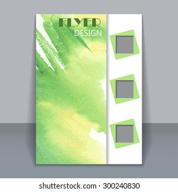 Vector vertical abstract watercolor style brochure design, business poster. With green color.