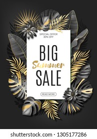 Vector vertical advertising banner or poster template with black and gold tropical leaves on dark grey background. Exotic botanical design. EPS10
