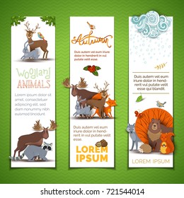 Vector vertical animal banners set. Cartoon woodland animals on white background. Wild deer, fox, hedgehog, hare, raccoon, squirrel, bird, bear, elk and wolf. Autumn weather. Rain cloud.