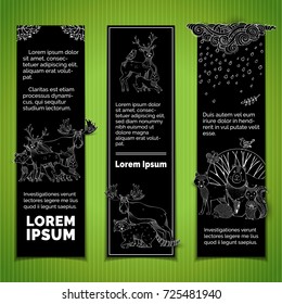 Vector vertical animal banners set. Chalk woodland animals on black background. Deer, fox, hedgehog, rabbit, raccoon, squirrel, bird, elk and wolf. Autumn rain cloud, bush and falling leaves.