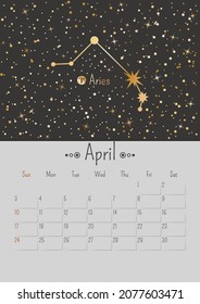 Vector vertical April 2022 calendar with golden zodiac constellation and stars on a black background. A3, A2 poster with horoscope Aries sign. Planner with linear illustration and dates of one month