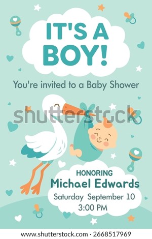 Vector vertical baby shower invitation with stork carrying baby boy, rattle, pacifier, hearts and stars. Soft blue pastel design for newborn baby shower