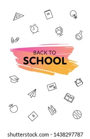 Vector vertical back to school modern banner. Hand drawn trendy brush stroke shape with supplies icon set on white background. Design element for invitation, advertisment, card, poster, presentation