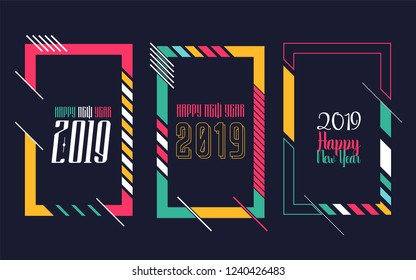 Vector vertical background frame for text Modern Art graphics for hipsters. Happy New Year 2019 design elements for design of gift cards, brochures, flyers, leaflets, posters. Set