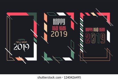 Vector vertical background frame for text Modern Art graphics for hipsters. Happy New Year 2019 design elements for design of gift cards, brochures, flyers, leaflets, posters. Set