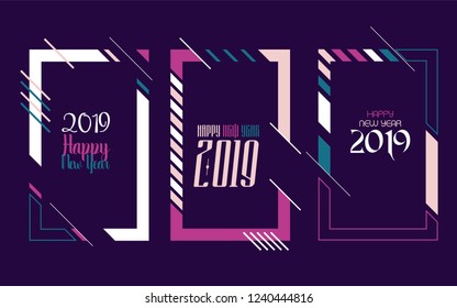 Vector vertical background frame for text Modern Art graphics for hipsters. Happy New Year 2019 design elements for design of gift cards, brochures, flyers, leaflets, posters. Set