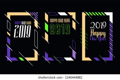 Vector vertical background frame for text Modern Art graphics for hipsters. Happy New Year 2019 design elements for design of gift cards, brochures, flyers, leaflets, posters. Set