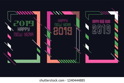 Vector vertical background frame for text Modern Art graphics for hipsters. Happy New Year 2019 design elements for design of gift cards, brochures, flyers, leaflets, posters. Set