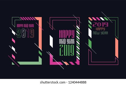 Vector vertical background frame for text Modern Art graphics for hipsters. Happy New Year 2019 design elements for design of gift cards, brochures, flyers, leaflets, posters. Set
