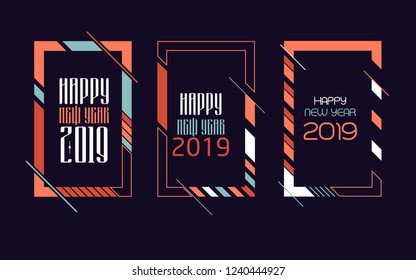 Vector vertical background frame for text Modern Art graphics for hipsters. Happy New Year 2019 design elements for design of gift cards, brochures, flyers, leaflets, posters. Set
