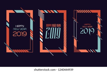 Vector vertical background frame for text Modern Art graphics for hipsters. Happy New Year 2019 design elements for design of gift cards, brochures, flyers, leaflets, posters. Set
