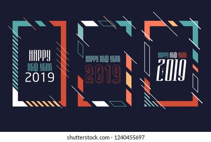 Vector vertical background frame for text Modern Art graphics for hipsters. Happy New Year 2019 design elements for design of gift cards, brochures, flyers, leaflets, posters. Set
