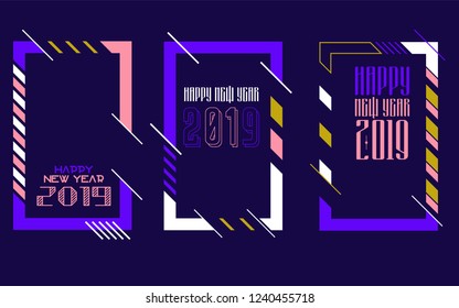 Vector vertical background frame for text Modern Art graphics for hipsters. Happy New Year 2019 design elements for design of gift cards, brochures, flyers, leaflets, posters. Set