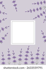 Vector vertical background with lavender sprigs on purple background and copy space. Illustration for wedding, branding, advertising, labels.