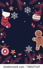 Vector vertical background on Winter holidays season with Christmas traditional ornaments and decoration