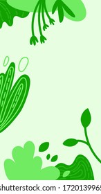 Vector vertical background template for social network stories or wallpapers with plant leaves and bushes in fresh green colors. Flat style with place for your text.
