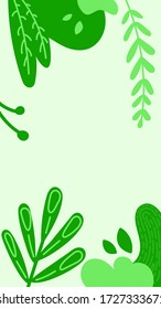 Vector vertical background template for social network stories or wallpapers with plant leaves and bushes in fresh green colors. Flat style with place for your text.