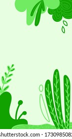 Vector vertical background template for social network stories or wallpapers with plant leaves and bushes in fresh green colors. Flat style with place for your text.