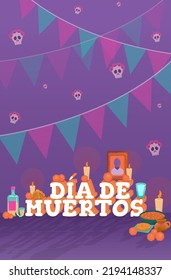 Vector vertical background with text "day of the dead" decorated with elements of the mayan offering of the mexican celebration.