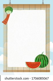 Vector vertical background with wind chimes and watermelon on the rattan blind.