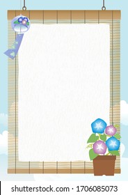 Vector vertical background with wind chimes and morning glory on the rattan blind.