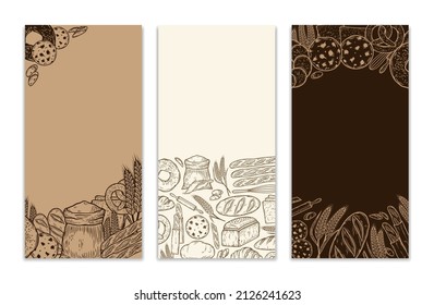 Vector vertical bakery banners with copy space. Bread and bakery illustrations, vector food icons