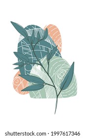 Vector vertical banner with abstract art and hand-drawn  shapes leaves of ficus. Good for wall art or cover print in boho style.