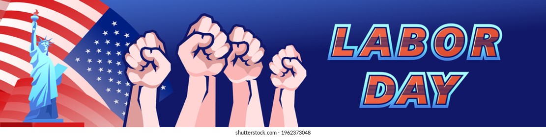 vector vertical banner, american flag labor day human hands clenched in fist