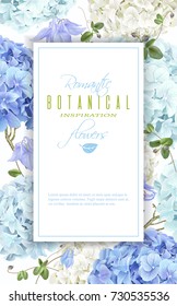 Vector vertical banner with blue and white hydrangea flowers on white background. Floral design for cosmetics, perfume, beauty care products. Can be used as greeting card, wedding invitation