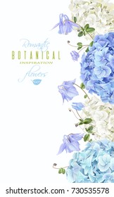 Vector vertical banner with blue and white hydrangea flowers on white background. Floral design for cosmetics, perfume, beauty care products. Can be used as greeting card, wedding invitation