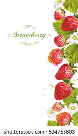 Vector vertical banner with bright colorful strawberry on white background. Design for sweets and pastries filled with strawberry, dessert menu, body care products. With place for text