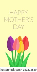 Vector vertical banner. Concept: Mother's Day. Greeting card, Bouquet of tulips and the inscription on a pastel yellow background. Minimalism.