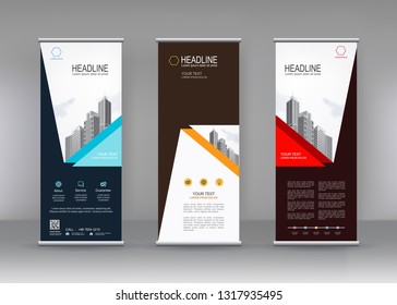 Vector vertical banner. Banner design in three different color with building illustration. Abstract geometric background. Can use for Cover, Annual Report, Poster, Brochure, Flyer, Mobile wallpaper.