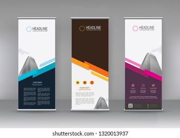 Vector vertical banner. Banner design in three different color with building illustration. Abstract geometric background. Can use for Cover, Annual Report, Poster, Brochure, Flyer, Mobile wallpaper.