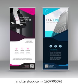 Vector vertical banner. Banner design in three different color with building illustration. Abstract geometric background.  