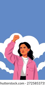 Vector Vertical Anuncio de una mujer decidida y segura de sí misma que levanta el puño contra el cielo. Fuerza, empoderamiento, activismo, feminismo. Para campañas sociales, Día de la Mujer, 8 de marzo, medios de comunicación