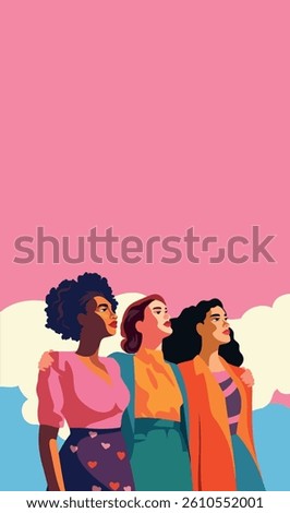 Vector vertical banner different women standing together and looking up, symbol of friendship and unity. Fight for gender equality, women empowerment. March 8, Women's Day. Use for women's projects