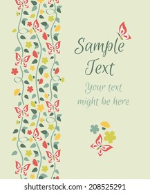 Vector vertical banner with flowers and butterflies and plenty space for text on green background