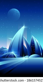 Vector vertical banner of futuristic night city.