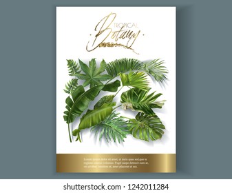 Vector vertical banner with green tropical leaves on white background. Luxury exotic botanical design for cosmetics, spa, perfume, aroma, beauty salon. Best for packaging design