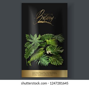 Vector vertical banner with green tropical leaves on black background. Luxury exotic botanical design for cosmetics, spa, perfume, aroma, beauty salon. Best for packaging design
