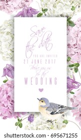 Vector vertical banner with hydrangea, bell flowers and cute bird on white. Floral design for cosmetics, perfume, beauty products. Best for greeting card, happy birthday card or wedding invitation