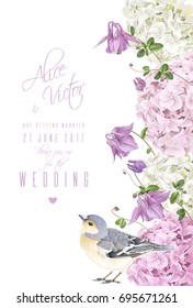 Vector vertical banner with hydrangea, bell flowers and cute bird on white. Floral design for cosmetics, perfume, beauty products. Best for greeting card, happy birthday card or wedding invitation