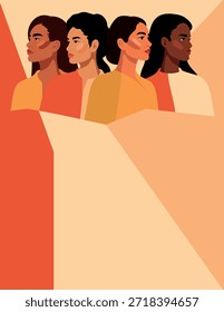 Vector vertical banner, International Women's Day, March 8, women of different cultures, nationalities in profile. Gender equality, women's empowerment. Pastel, warm tone. For social, women's projects