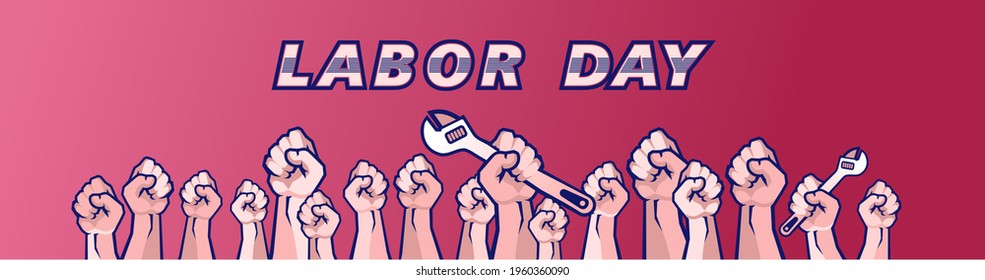 vector vertical banner, labor day human hands clenched in fist