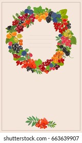 Vector vertical banner with multi-colored juicy berries in the form of a wreath and with a place for an inscription.