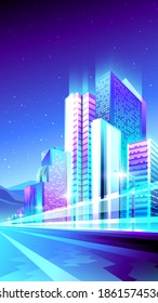Vector vertical banner of neon skyscrapers.