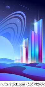 Vector vertical banner of night futuristic city with skyscrapers.
